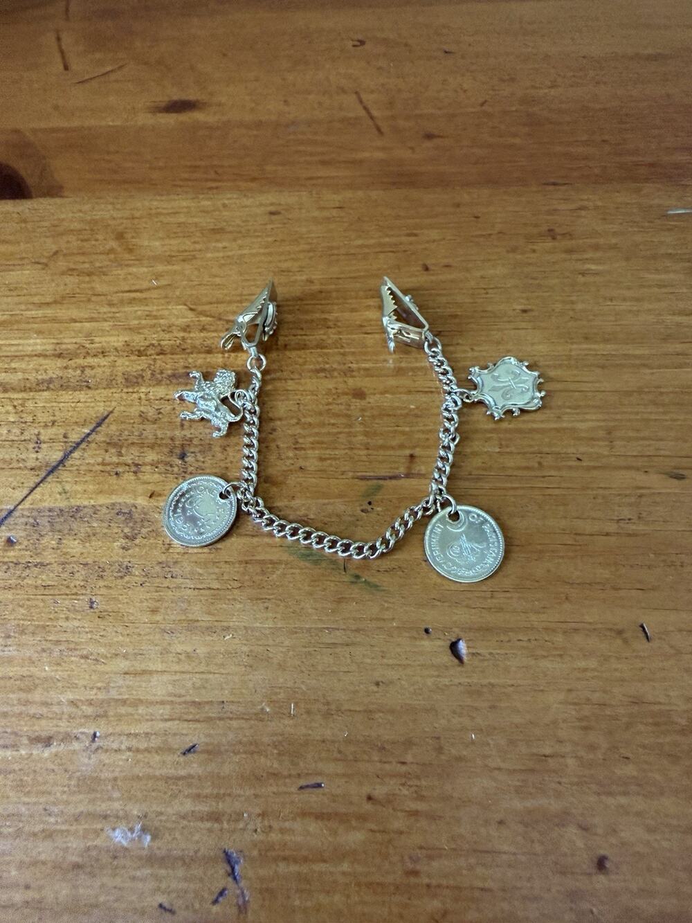 Vintage Gold Tone Sweater Guard Cardigan Clip Lion Coin Charms Retro Accessory